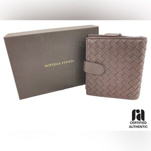 Bottega Veneta Intrecciato Brown Leather Compact Wallet with COA